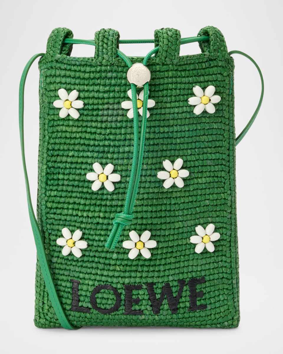 x Paula's Ibiza Drawstring Pocket Flower Crossbody Bag in Raffia
